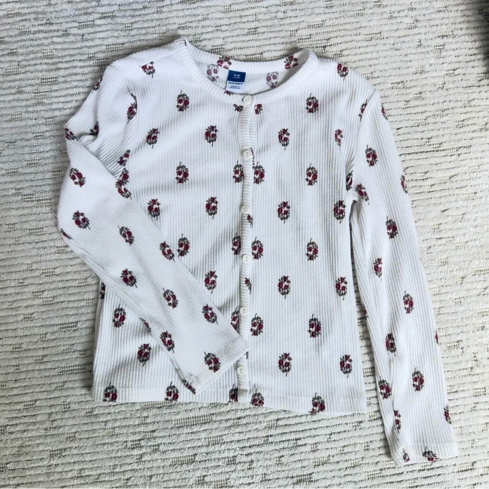 Old Navy Cream Printed Rib-Knit Cardigan Top for Girls M (8)